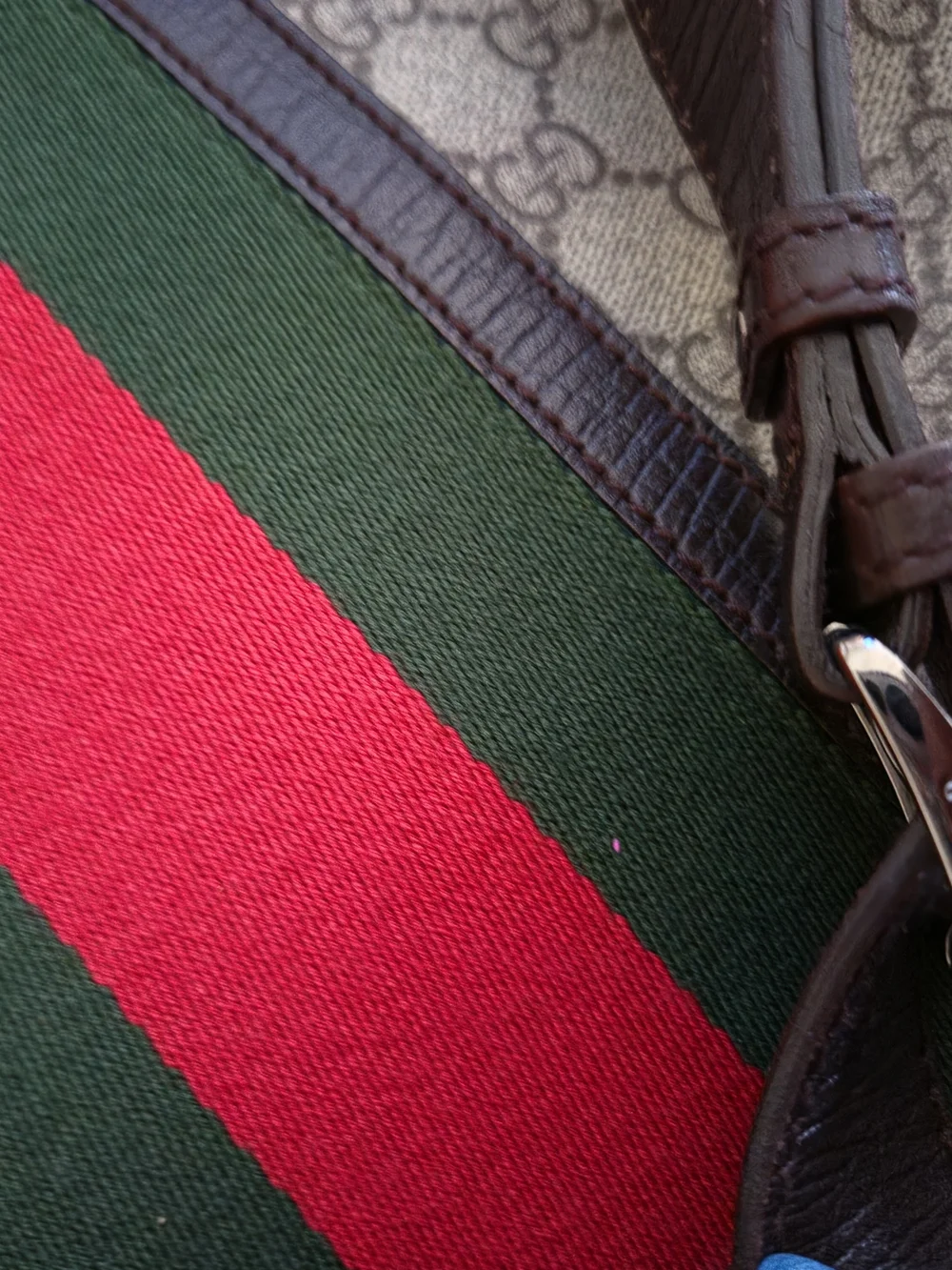 Gucci Brown Leather Authentic Messenger with Green-Red Web Stripe and GG Canvas